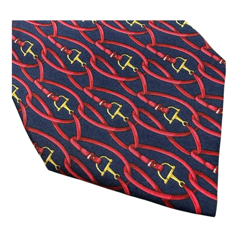 Gucci Equestrian Theme Silk Tie Navy Red Horsebit Stirrup Vintage 3.75 Inch